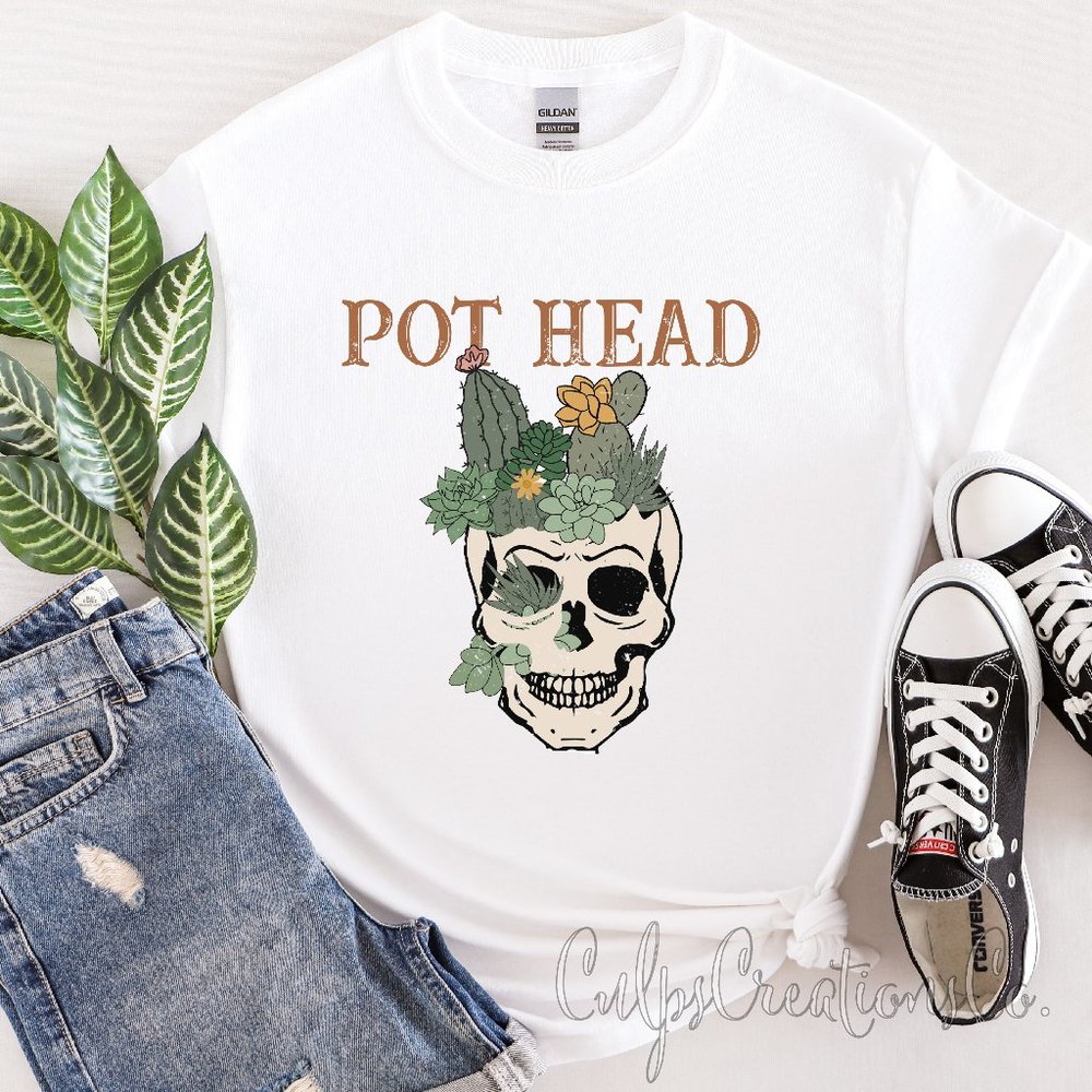 Pot head skull and succulent plants plants relaxed fit short sleeve tee